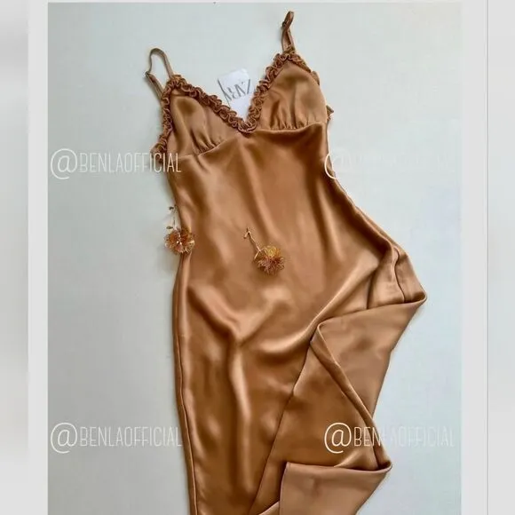 NWT ZARA CONTRASTING RUFFLES SATIN EFFECT DRESS gold/ champagne color