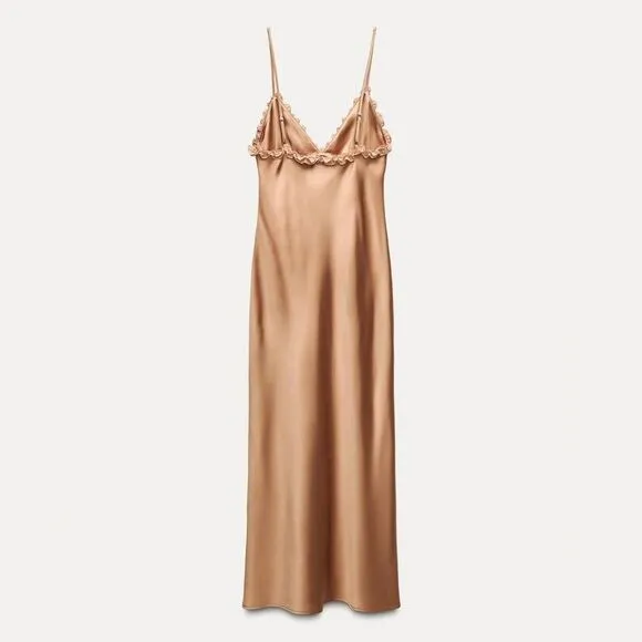 NWT ZARA CONTRASTING RUFFLES SATIN EFFECT DRESS gold/ champagne color