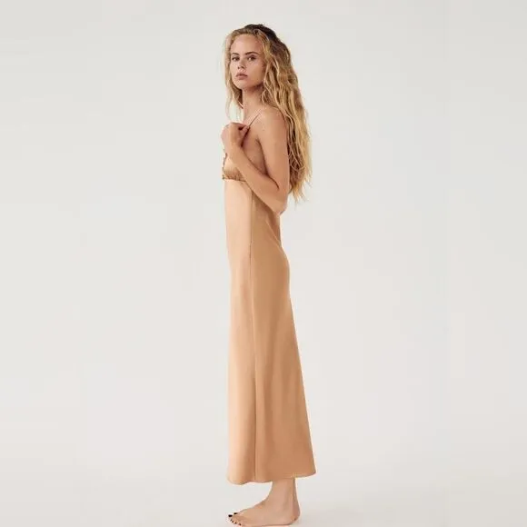 NWT ZARA CONTRASTING RUFFLES SATIN EFFECT DRESS gold/ champagne color