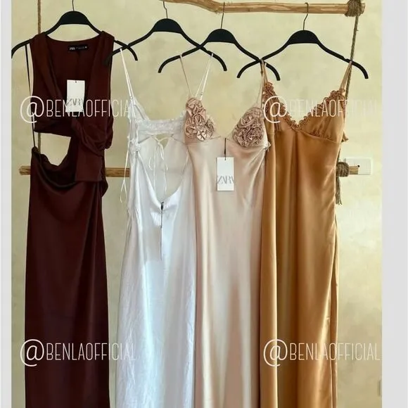 NWT ZARA CONTRASTING RUFFLES SATIN EFFECT DRESS gold/ champagne color