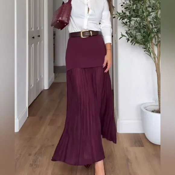 NWT ZARA ZARA NWT WOMAN MIXED PLEATED KNIT SKIRT Burgundy