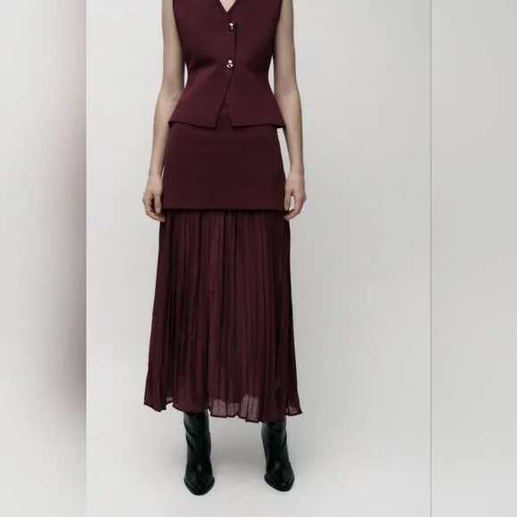 NWT ZARA ZARA NWT WOMAN MIXED PLEATED KNIT SKIRT Burgundy
