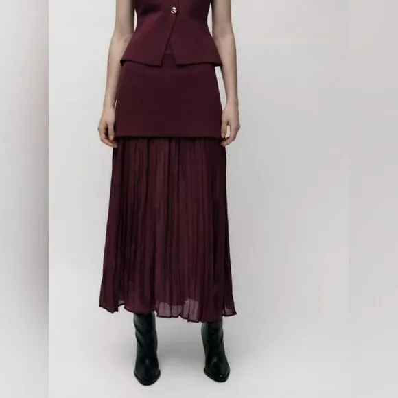 NWT ZARA ZARA NWT WOMAN MIXED PLEATED KNIT SKIRT Burgundy