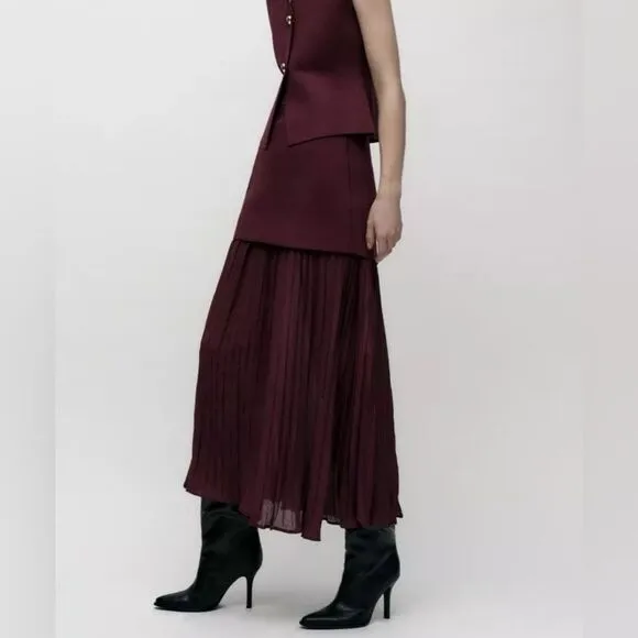 NWT ZARA ZARA NWT WOMAN MIXED PLEATED KNIT SKIRT Burgundy