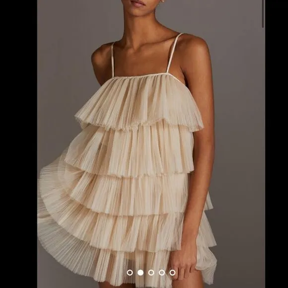 NWT Maeve Strappy Tiered Tulle Mini Dress Large Tan