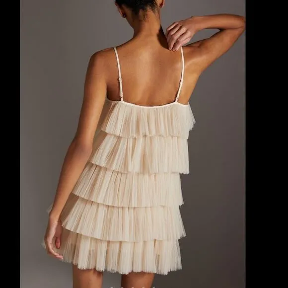 NWT Maeve Strappy Tiered Tulle Mini Dress Large Tan