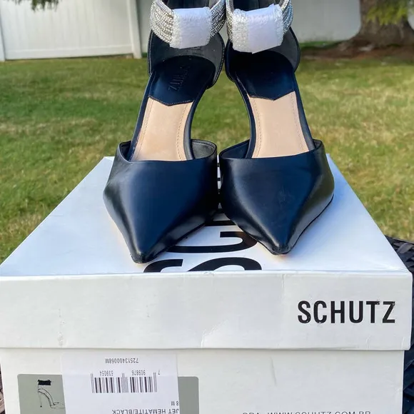 NWT/NIB Schutz Linara Black Nappa Leather Embellished Ankle Strap Heels (7.5)