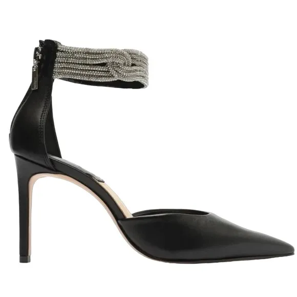 NWT/NIB Schutz Linara Black Nappa Leather Embellished Ankle Strap Heels (7.5)