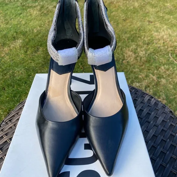 NWT/NIB Schutz Linara Black Nappa Leather Embellished Ankle Strap Heels (7.5)