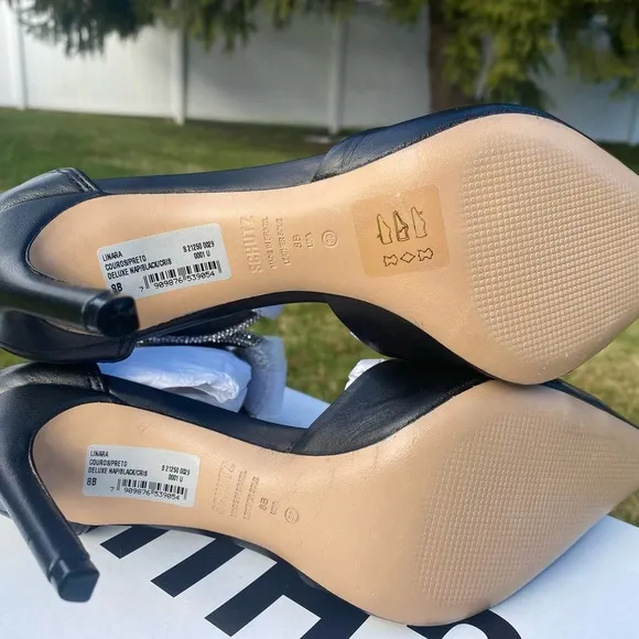 NWT/NIB Schutz Linara Black Nappa Leather Embellished Ankle Strap Heels (Sz. 8)