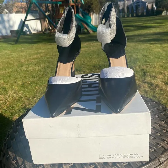 NWT/NIB Schutz Linara Black Nappa Leather Embellished Ankle Strap Heels (Sz. 8)
