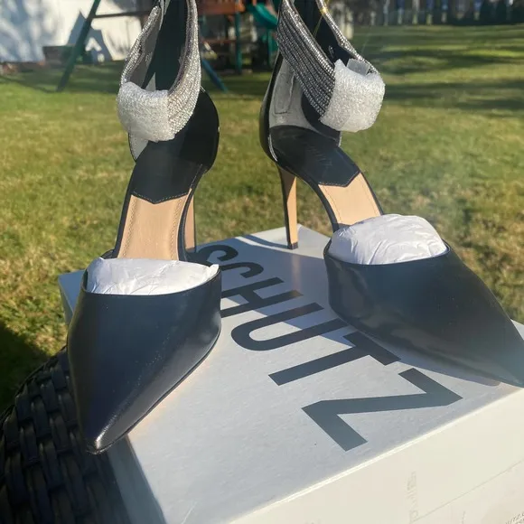NWT/NIB Schutz Linara Black Nappa Leather Embellished Ankle Strap Heels (Sz. 8)