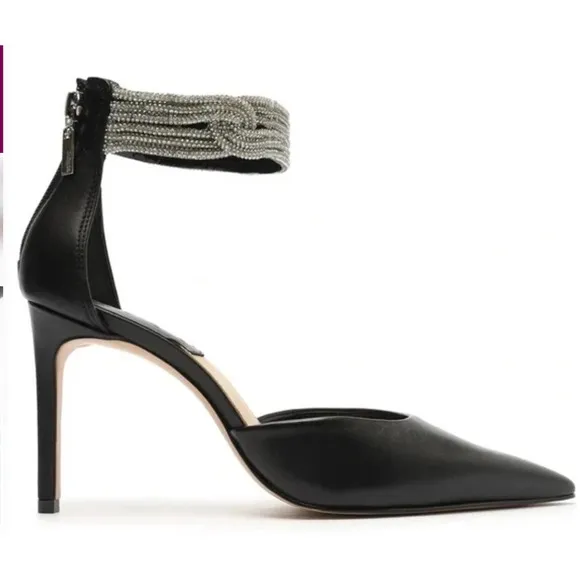 NWT/NIB Schutz Linara Black Nappa Leather Embellished Ankle Strap Heels (Sz. 8)