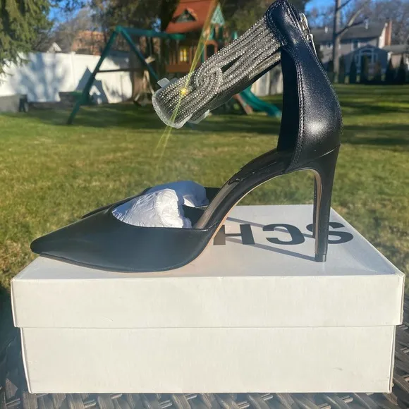 NWT/NIB Schutz Linara Black Nappa Leather Embellished Ankle Strap Heels (Sz. 8)