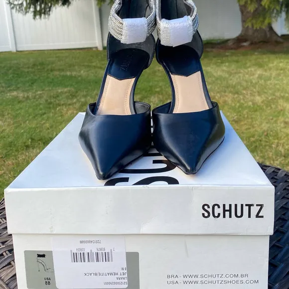 NWT/NIB Schutz Linara Black Nappa Leather Embellished Ankle Strap Heels (Sz. 8)