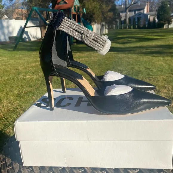 NWT/NIB Schutz Linara Black Nappa Leather Embellished Ankle Strap Heels(Sz. 10)