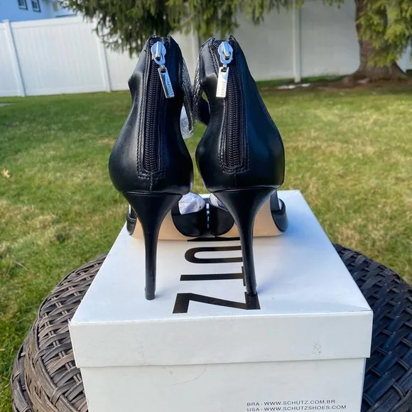 NWT/NIB Schutz Linara Black Nappa Leather Embellished Ankle Strap Heels(Sz. 10)