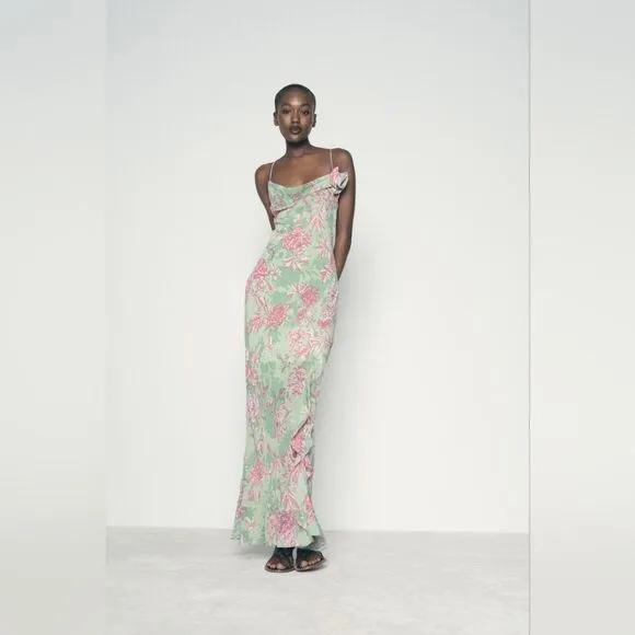 NWT ZARA FLORAL PRINT SLIP DRESS GREEN AND PINK