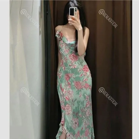 NWT ZARA FLORAL PRINT SLIP DRESS GREEN AND PINK