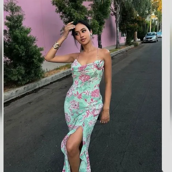 NWT ZARA FLORAL PRINT SLIP DRESS GREEN AND PINK