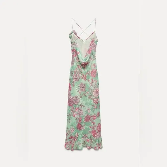 NWT ZARA FLORAL PRINT SLIP DRESS GREEN AND PINK