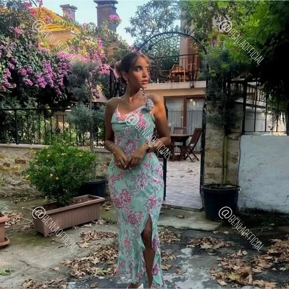 NWT ZARA FLORAL PRINT SLIP DRESS GREEN AND PINK