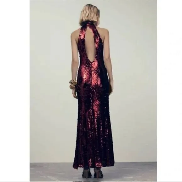 NWT ZARA  LONG SEQUIN RED DRESS