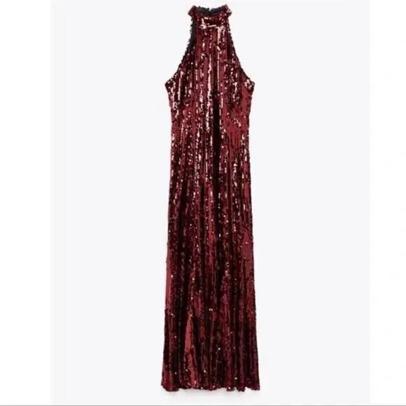 NWT ZARA  LONG SEQUIN RED DRESS