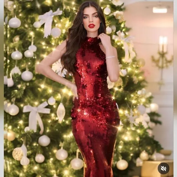 NWT ZARA  LONG SEQUIN RED DRESS