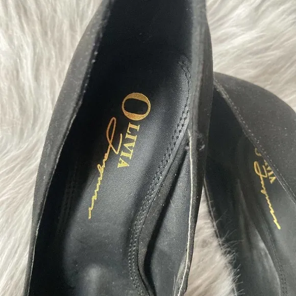 Olivia Ferguson Heels Sz 7 Black Suede Like Pointed Toe Pump Block Heel Womens