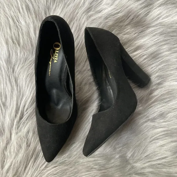 Olivia Ferguson Heels Sz 7 Black Suede Like Pointed Toe Pump Block Heel Womens