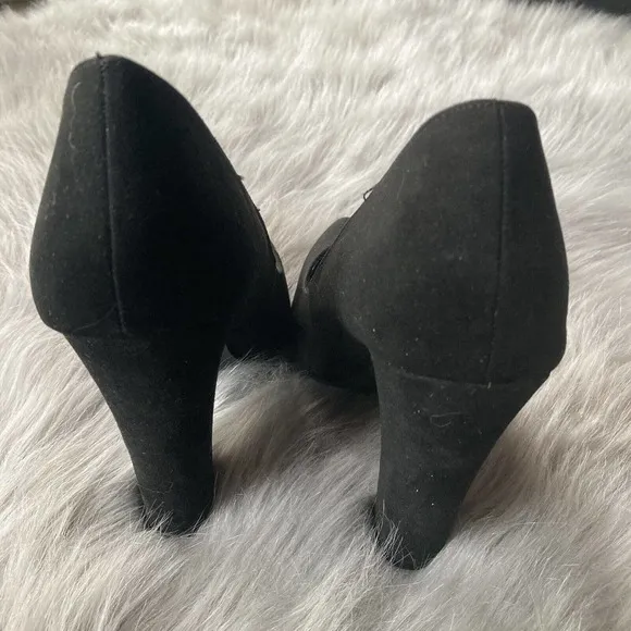 Olivia Ferguson Heels Sz 7 Black Suede Like Pointed Toe Pump Block Heel Womens