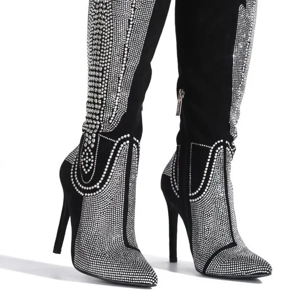 OLKLEY LIVIN LARGE BLACK RHINESTONE / STUDDED HIGH  HEEL POINTED WESTERN BOOTS
