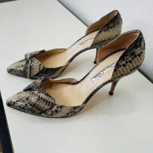 Oscar de la Renta Leather Snakeskin Front Bow Pointed Toe Heel 37 / 6.5