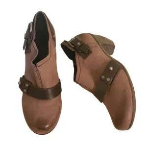 OTBT Brown Heeled Clogs 7.5M Leather Buckle EL RENO Burnished Toes
