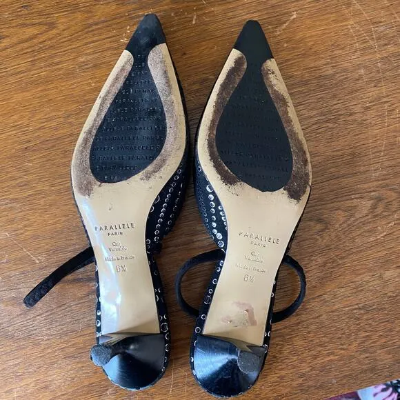 Parallele 6.5 Pointed Toe Silver Polka Dot Graphic Kitten Heels Slingback France