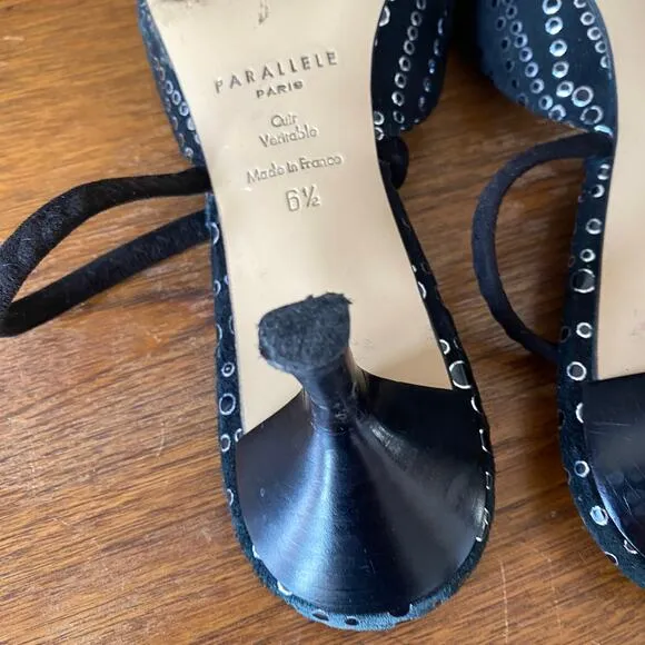 Parallele 6.5 Pointed Toe Silver Polka Dot Graphic Kitten Heels Slingback France