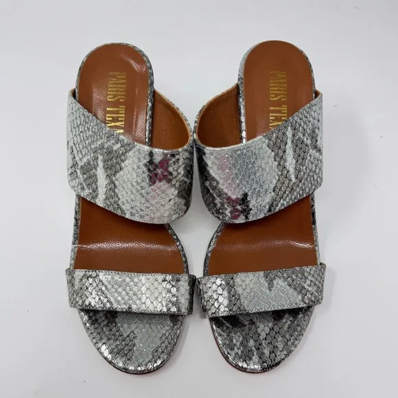 PARIS TEXAS Lamé Python-Embossed Leather Wedge Mules - Size 37