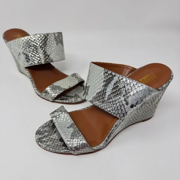 PARIS TEXAS Lamé Python-Embossed Leather Wedge Mules - Size 37