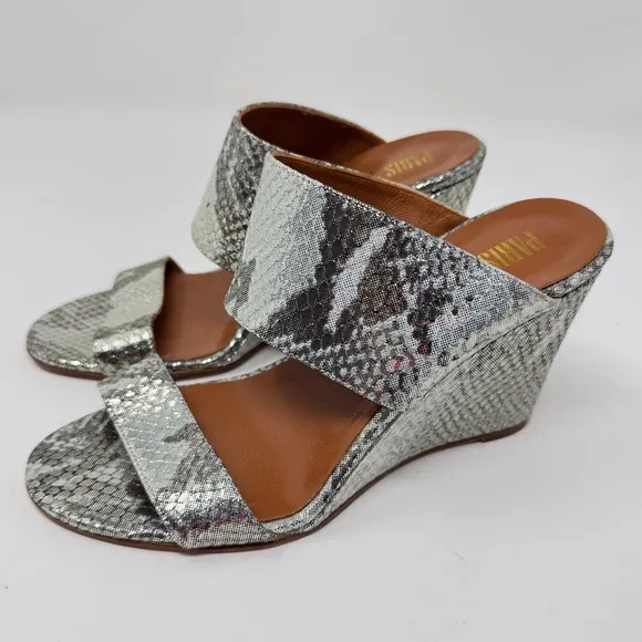 PARIS TEXAS Lamé Python-Embossed Leather Wedge Mules - Size 37