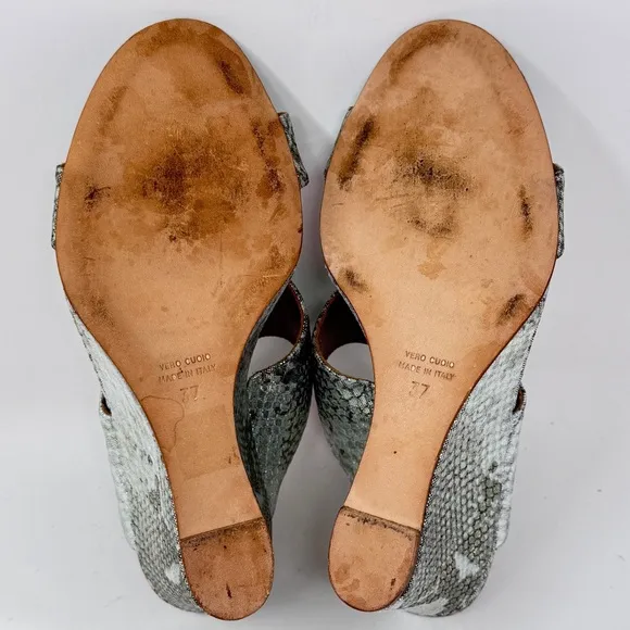 PARIS TEXAS Lamé Python-Embossed Leather Wedge Mules - Size 37