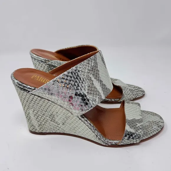 PARIS TEXAS Lamé Python-Embossed Leather Wedge Mules - Size 37