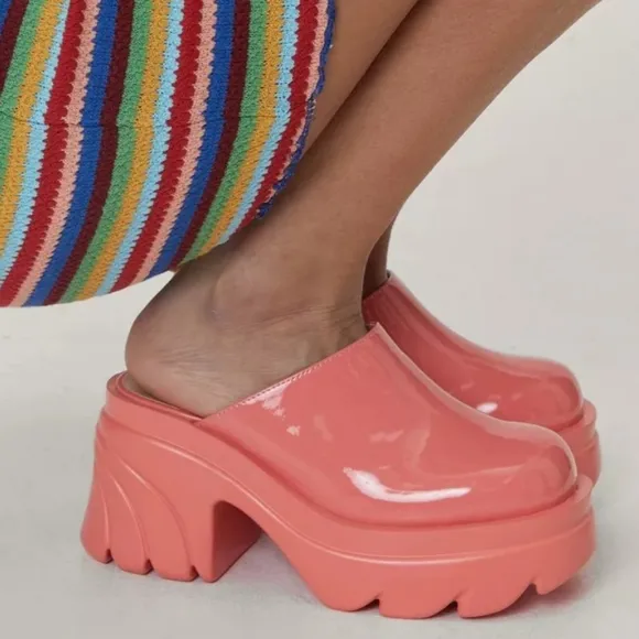 Patent Faux Leather Chunky Round Toe Mules Coral Platform .