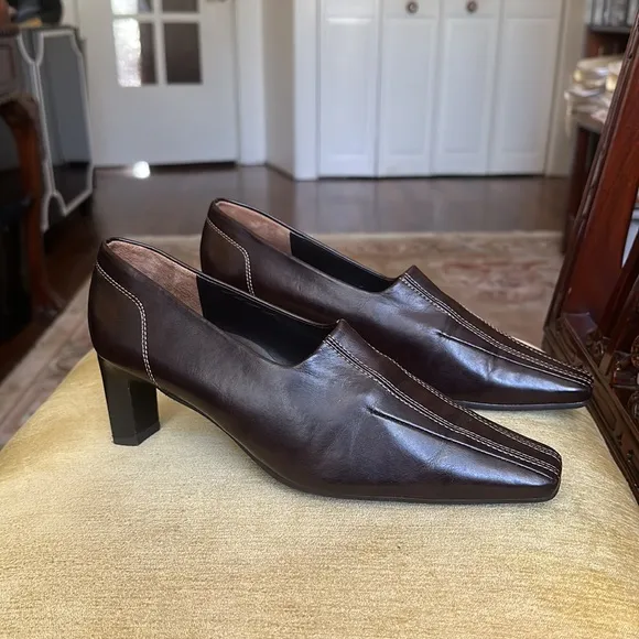 PAUL GREEN München Women's Brown Leather Pointed Square Toe Pumps Heels