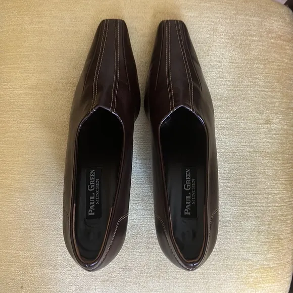 PAUL GREEN München Women's Brown Leather Pointed Square Toe Pumps Heels