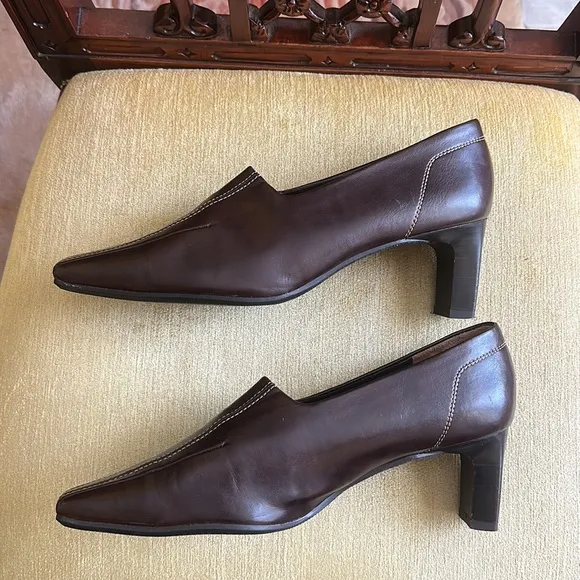 PAUL GREEN München Women's Brown Leather Pointed Square Toe Pumps Heels
