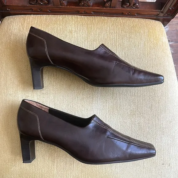 PAUL GREEN München Women's Brown Leather Pointed Square Toe Pumps Heels