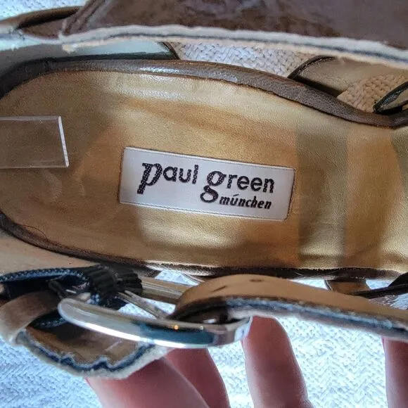 Paul Green Tan Beige Patent Leather Strappy Heeled Buckle Sandals US 9.5 UK 7