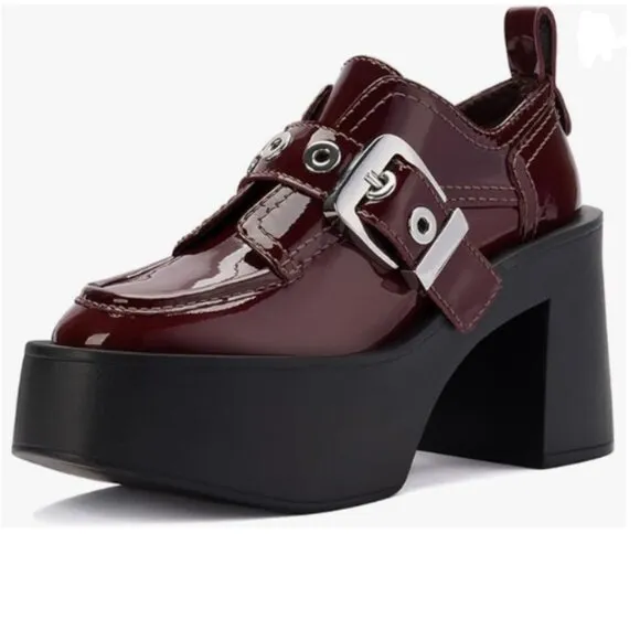 Pazzion Burgundy Platform Round Toe Loafers Chunky High Heels Buckle Up Oxfords
