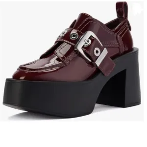 Pazzion Burgundy Platform Round Toe Loafers Chunky High Heels Buckle Up Oxfords